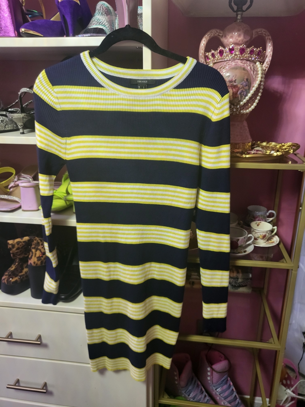 Forever 21 Navy and Yellow Striped Long Sleeve Bodycon Dress